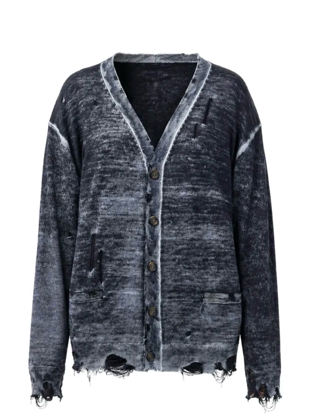 Men's Distressed Washed V-Neck Cardigan Sweater - Black Gray $235